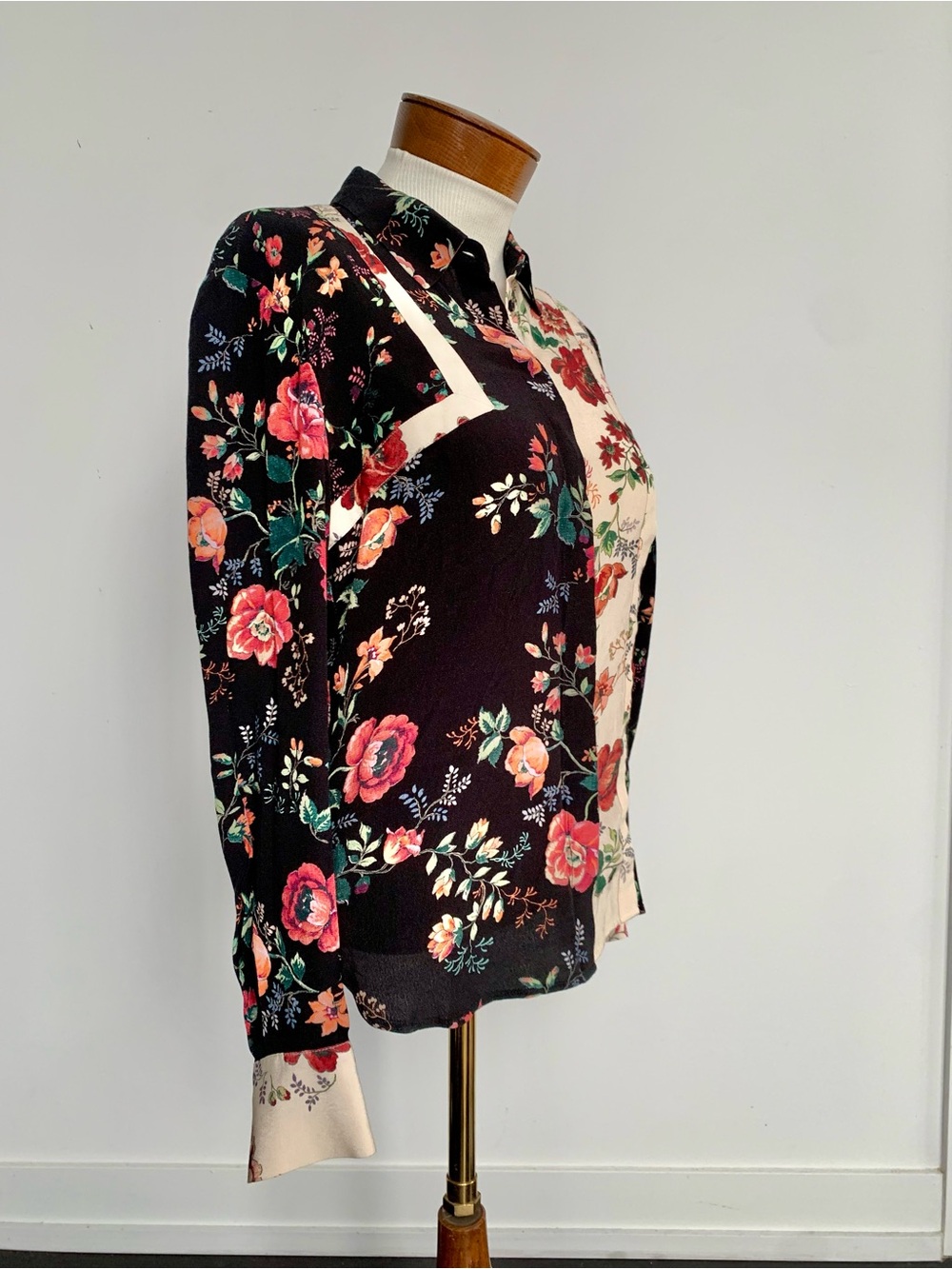 Maje Black Floral Patchwork Button-Down Blouse with Cream Panels - Picture 3 of 7